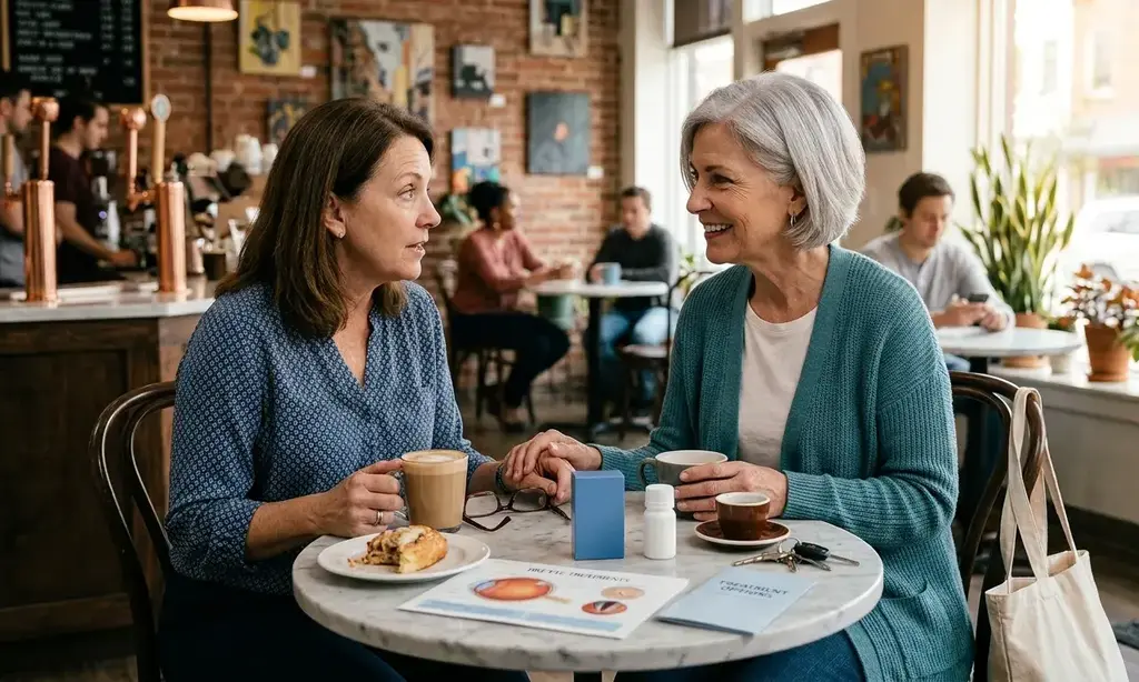 Two women at cafe reviewing eye drop options