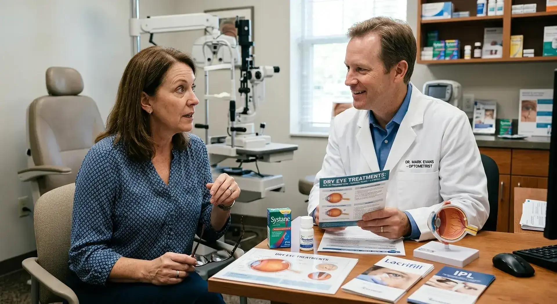 Optometrist consulting patient on dry eye treatments