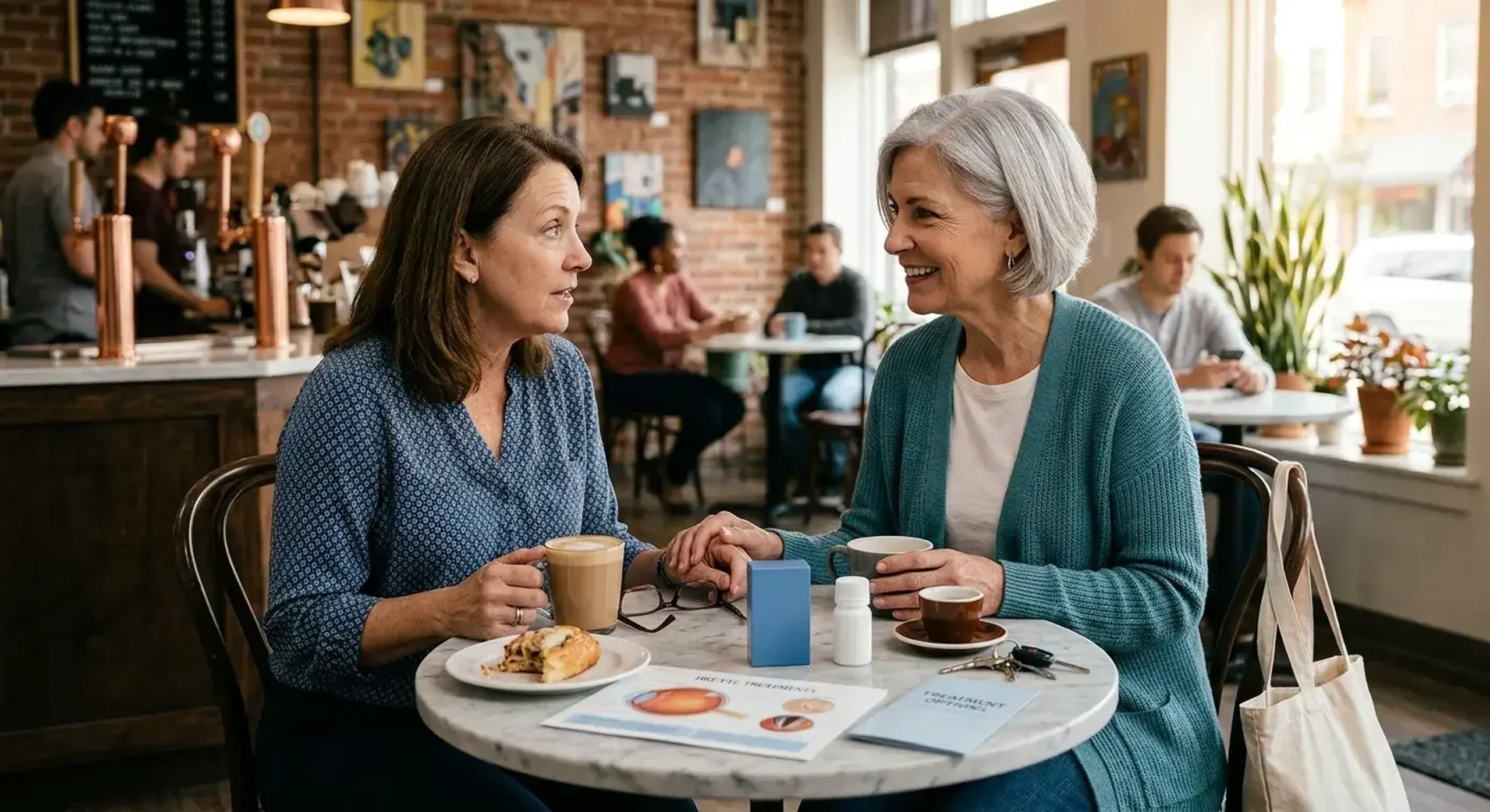 Two women at cafe reviewing eye drop options